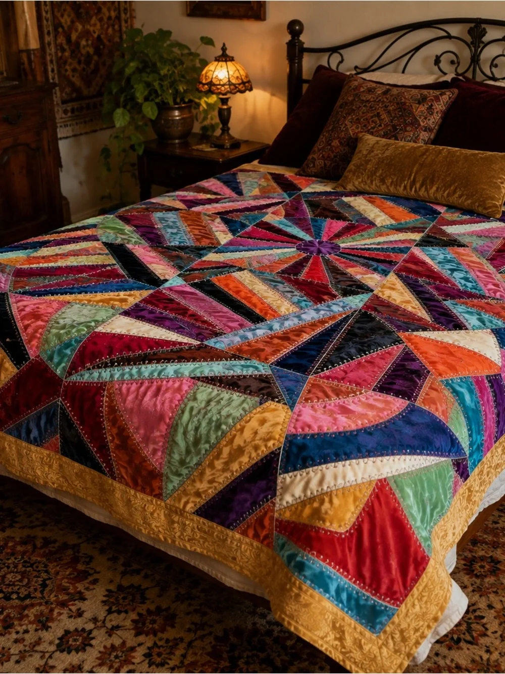 Vintage Crazy Patch Velvet Quilt 66x84 Hand Embroidered Boho Victorian